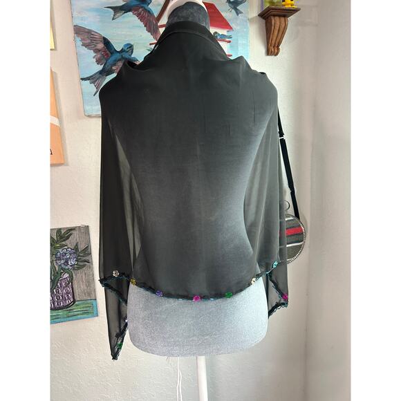 Whimsigoth- Black Sheer Shawl- with blue beaded trim with floral sequin- fairy - Picture 3 of 5